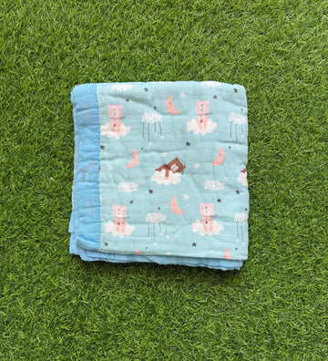Muslin Receiving Blanket - Blue Border with Bear Sleeping on Cloud 110*110 cm