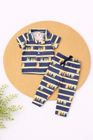 Half Sleeve Kids Night Suit - Navy Blue Stripes