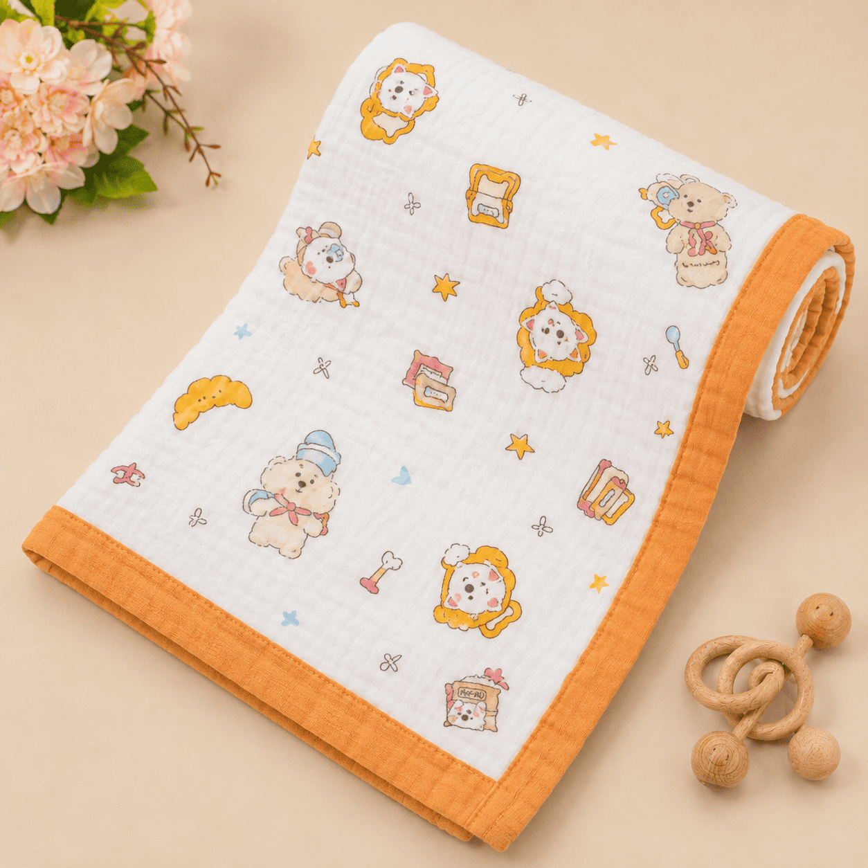 Muslin Receiving Blanket - Dreamy Bear Orange
