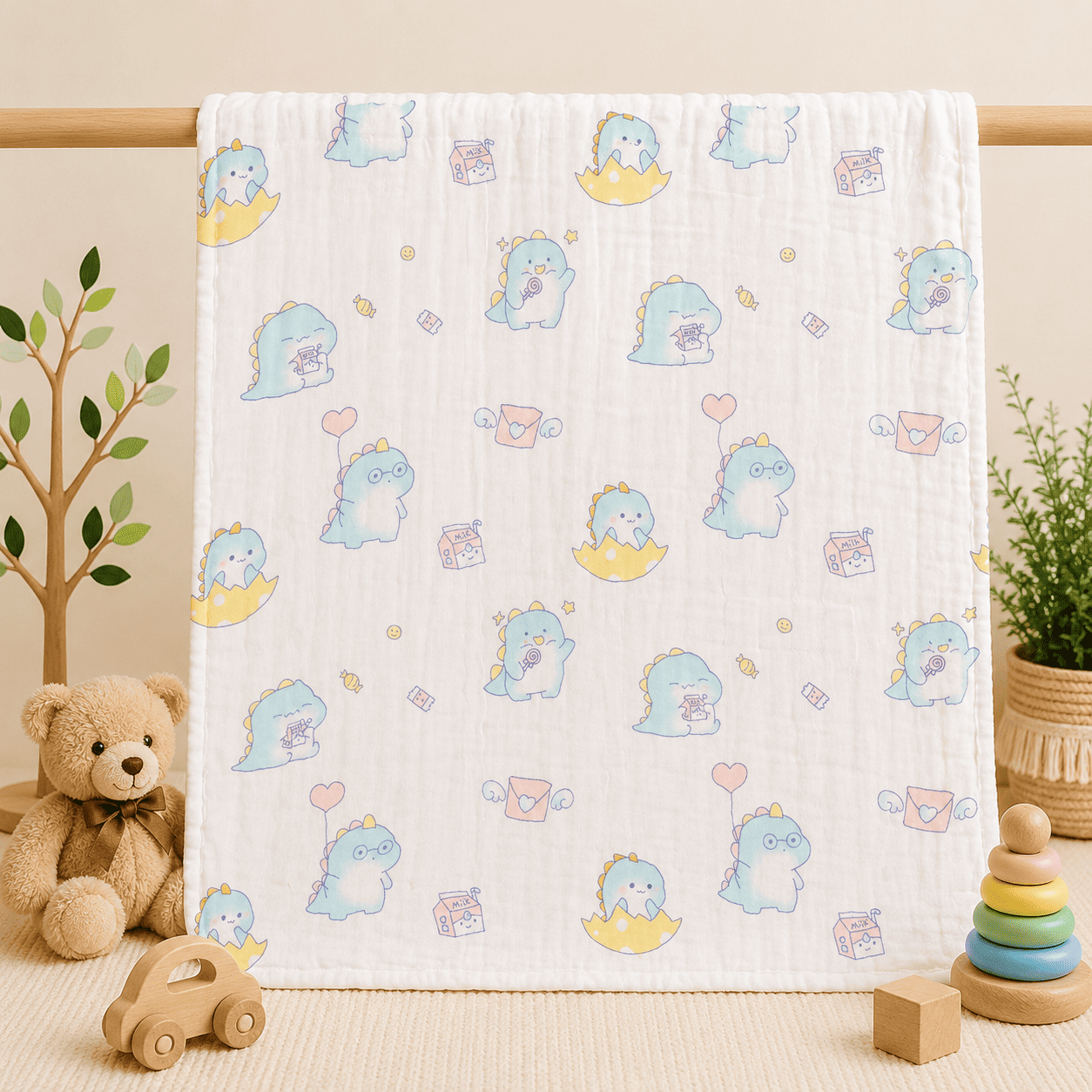 Muslin 6 Layer Bath Towel- Baby Dino