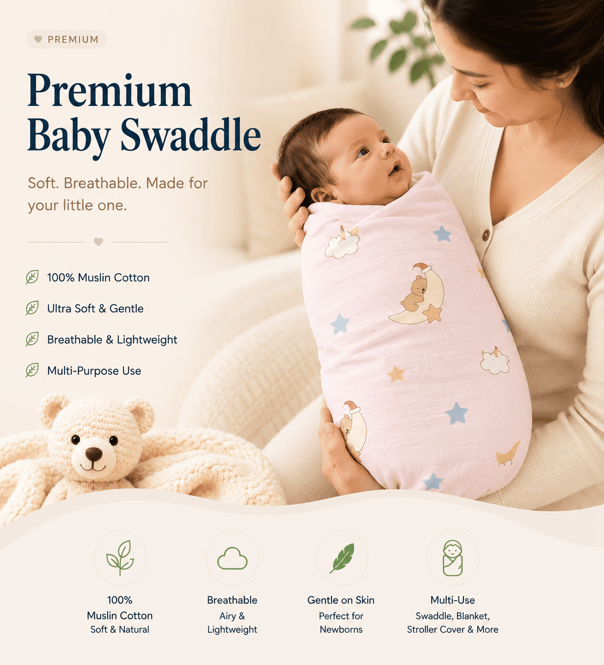 Premium Muslin Swaddle - Pink Bear Moon