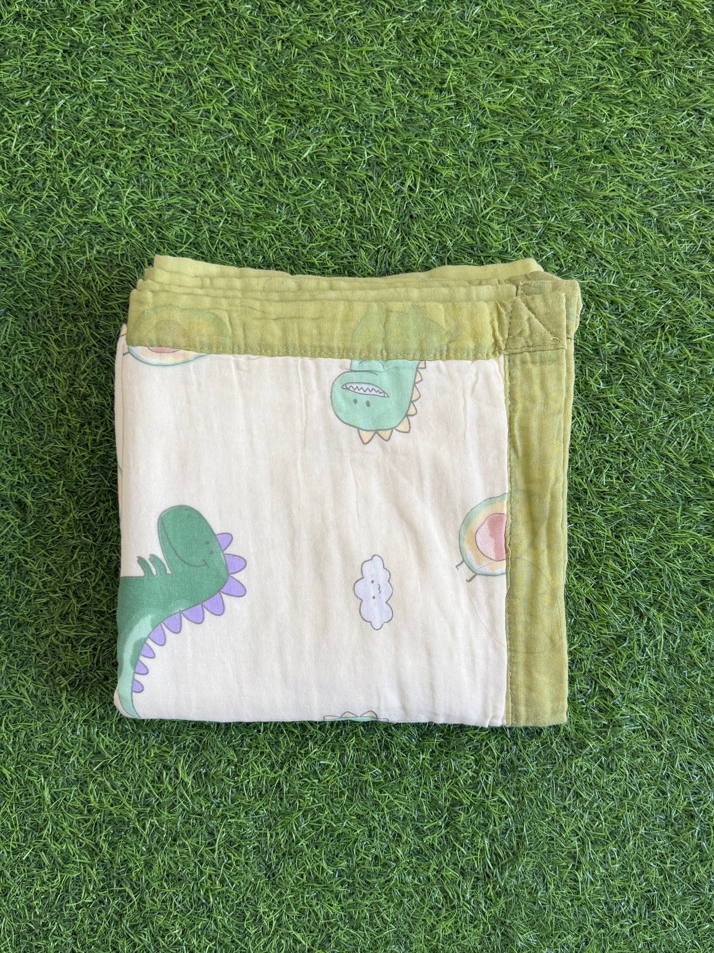 Muslin Receiving Blanket - Green Border with Dino 110*110 cm