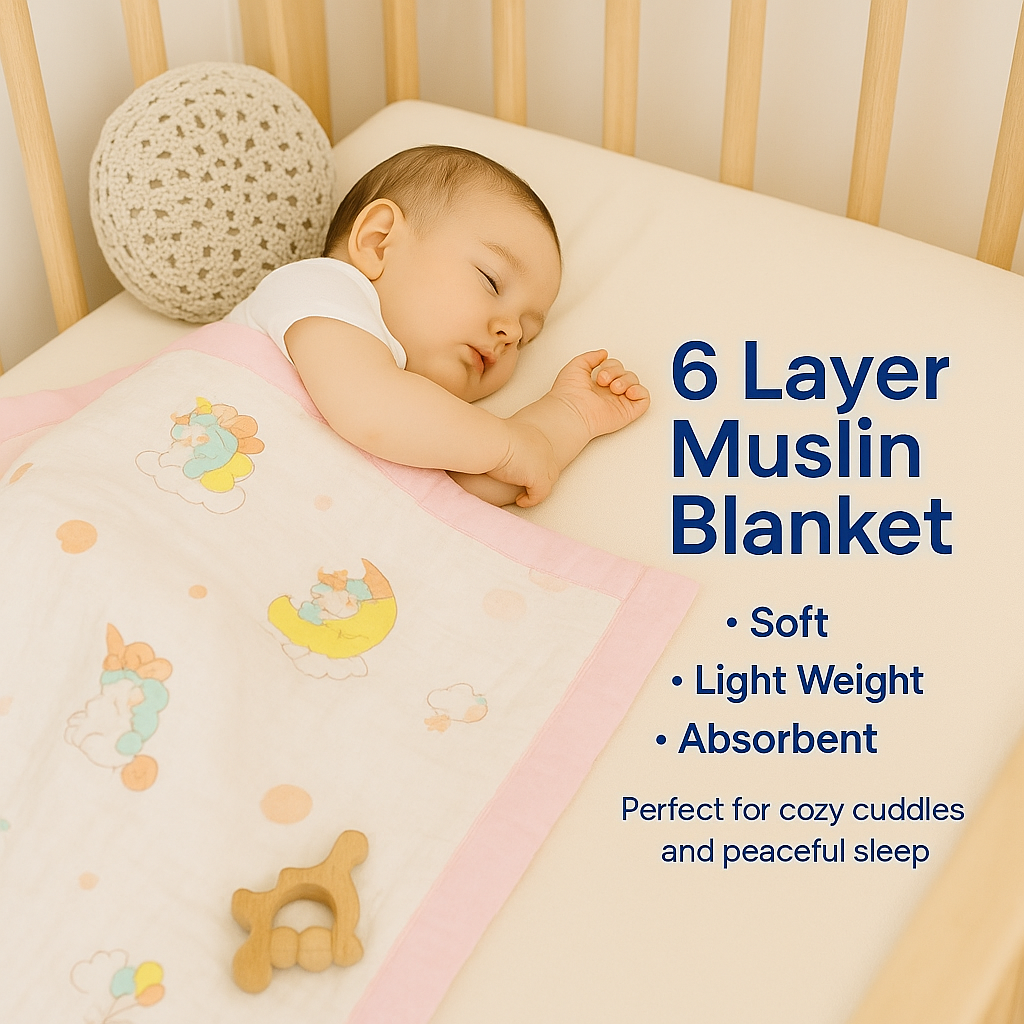 Muslin Receiving Blanket - Pink Border with Unicorn 100*100 cm