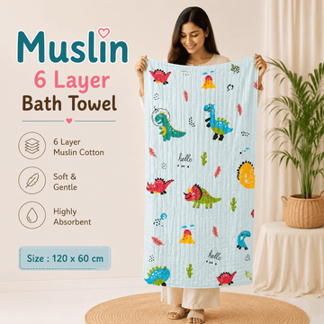 Muslin 6 Layer Bath Towel- Dinosaur