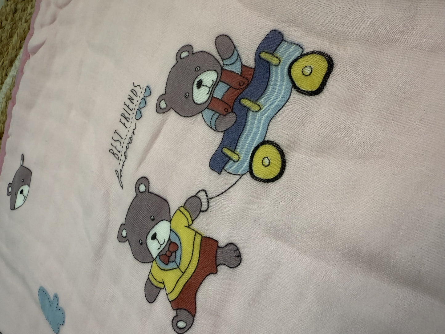 Muslin Receiving Blanket - Pink Teddy Bear car