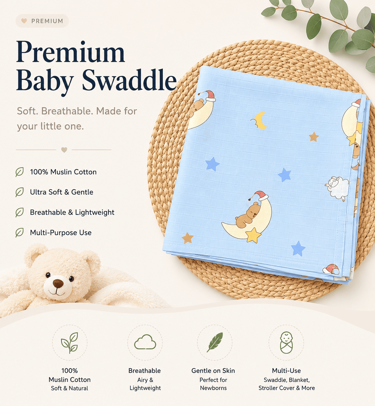 Premium Muslin Swaddle - Blue Moon Bear