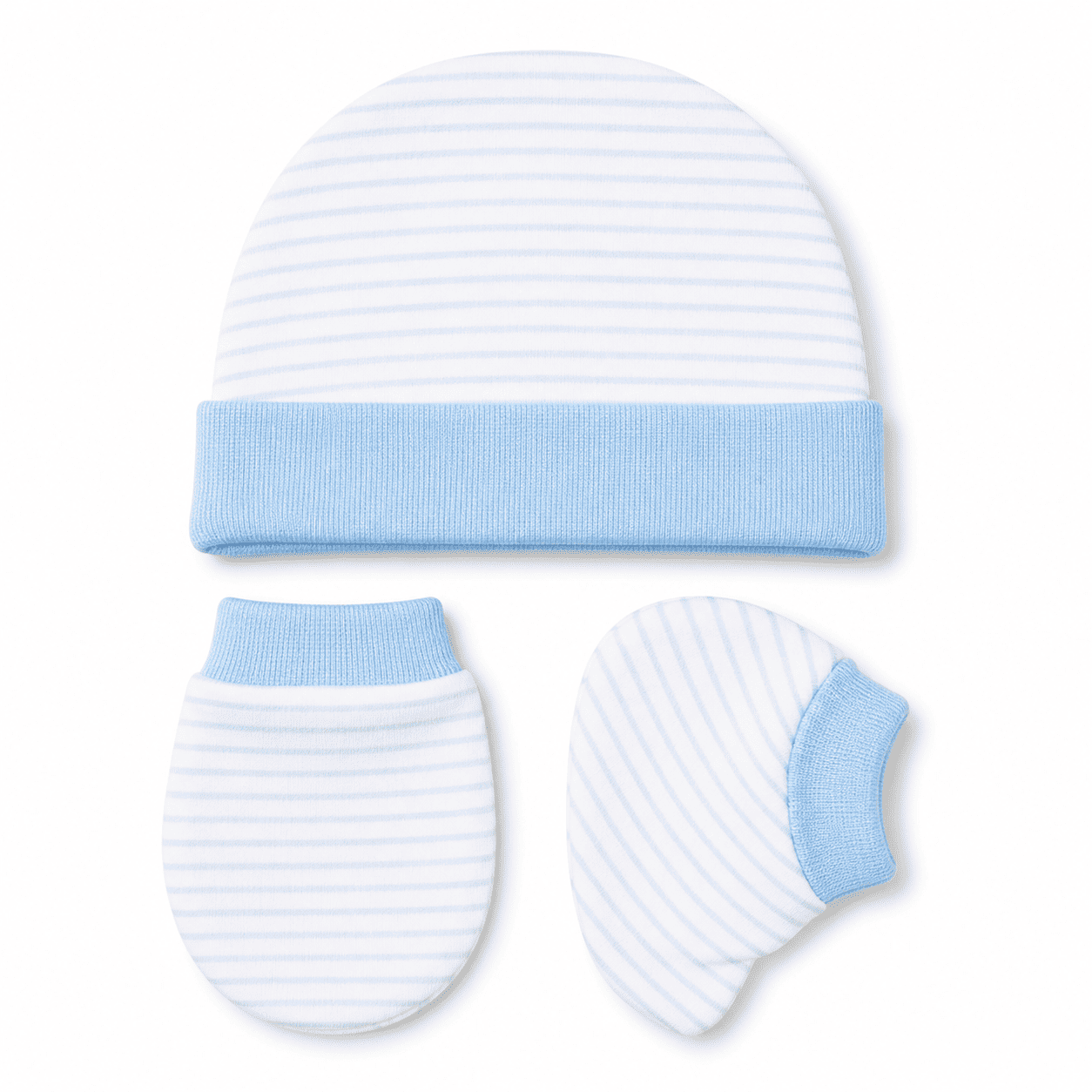 Cap, Mitten & Bootie Set - Blue White Stripes