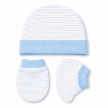 Cap, Mitten & Bootie Set - Blue White Stripes