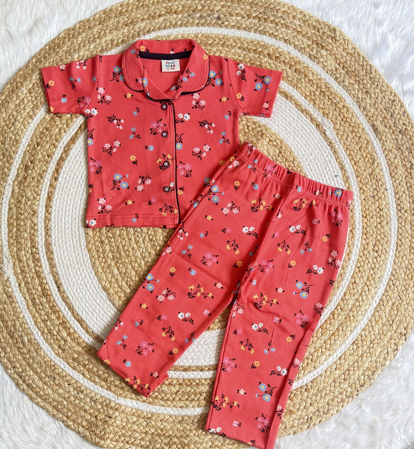 Half Sleeve Kids Night Suit - Red Flower