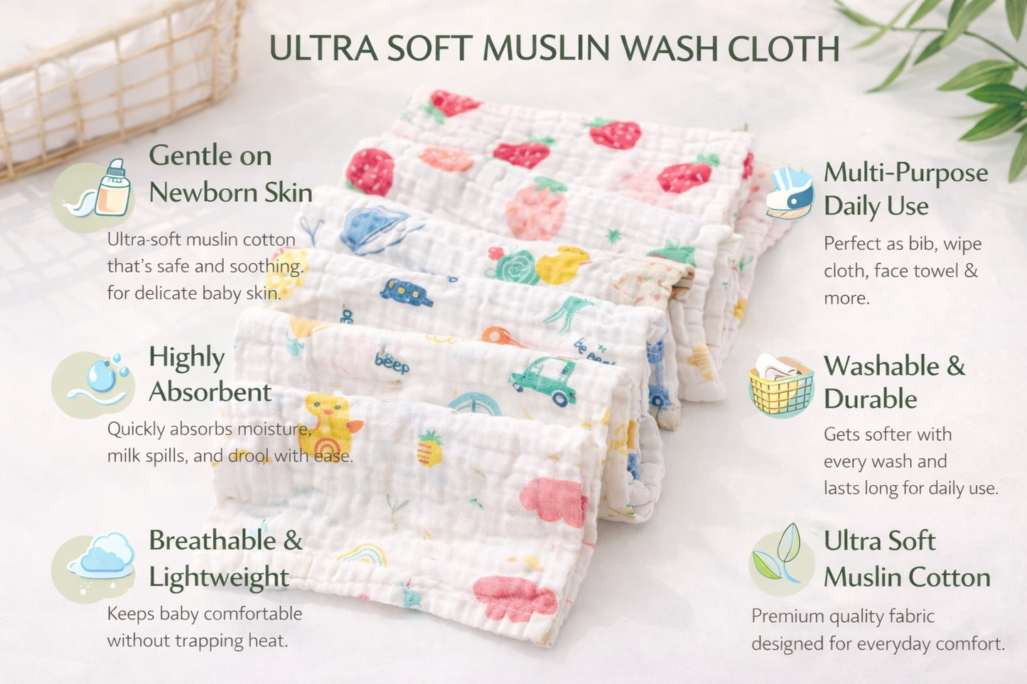 6-Layer Muslin Wash Cloth – Assorted (Set of 5 Pieces)