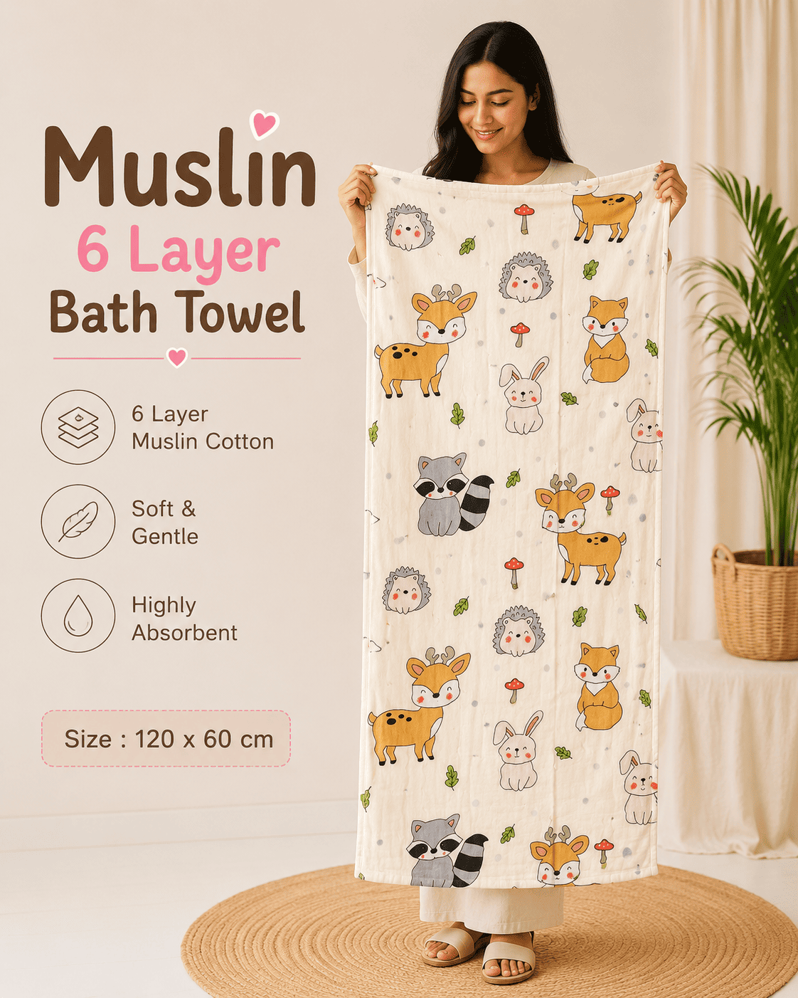 Muslin 6 Layer Bath Towel- Animals