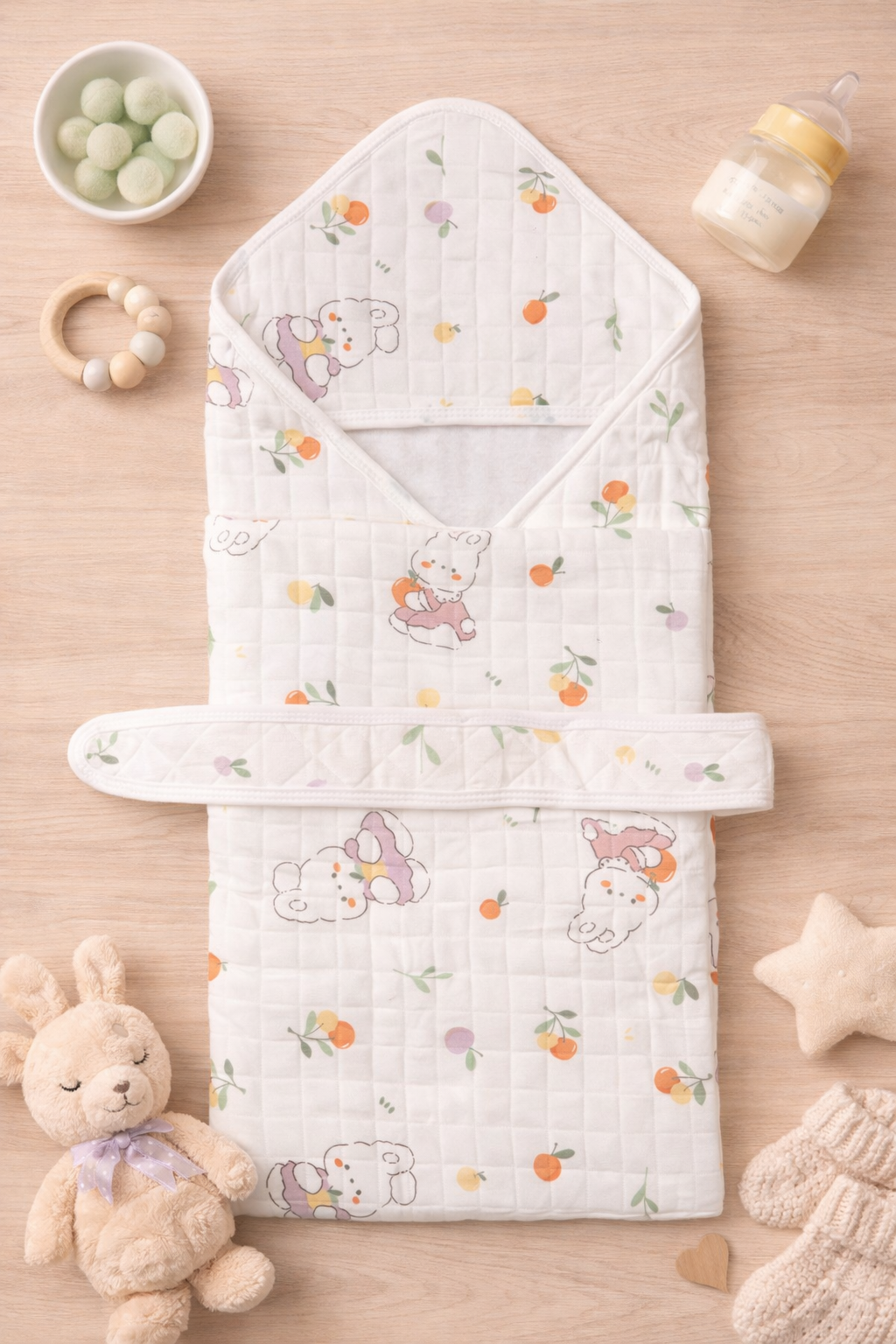 4-Layer Muslin Hooded Towel - Rabbit with Fruits