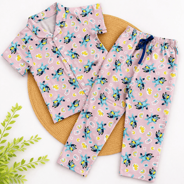 Half Sleeve Kids Night Suit - Light Pink Cartoon