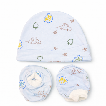 Cap, Mitten & Bootie Set - Vehicle Doodle Print
