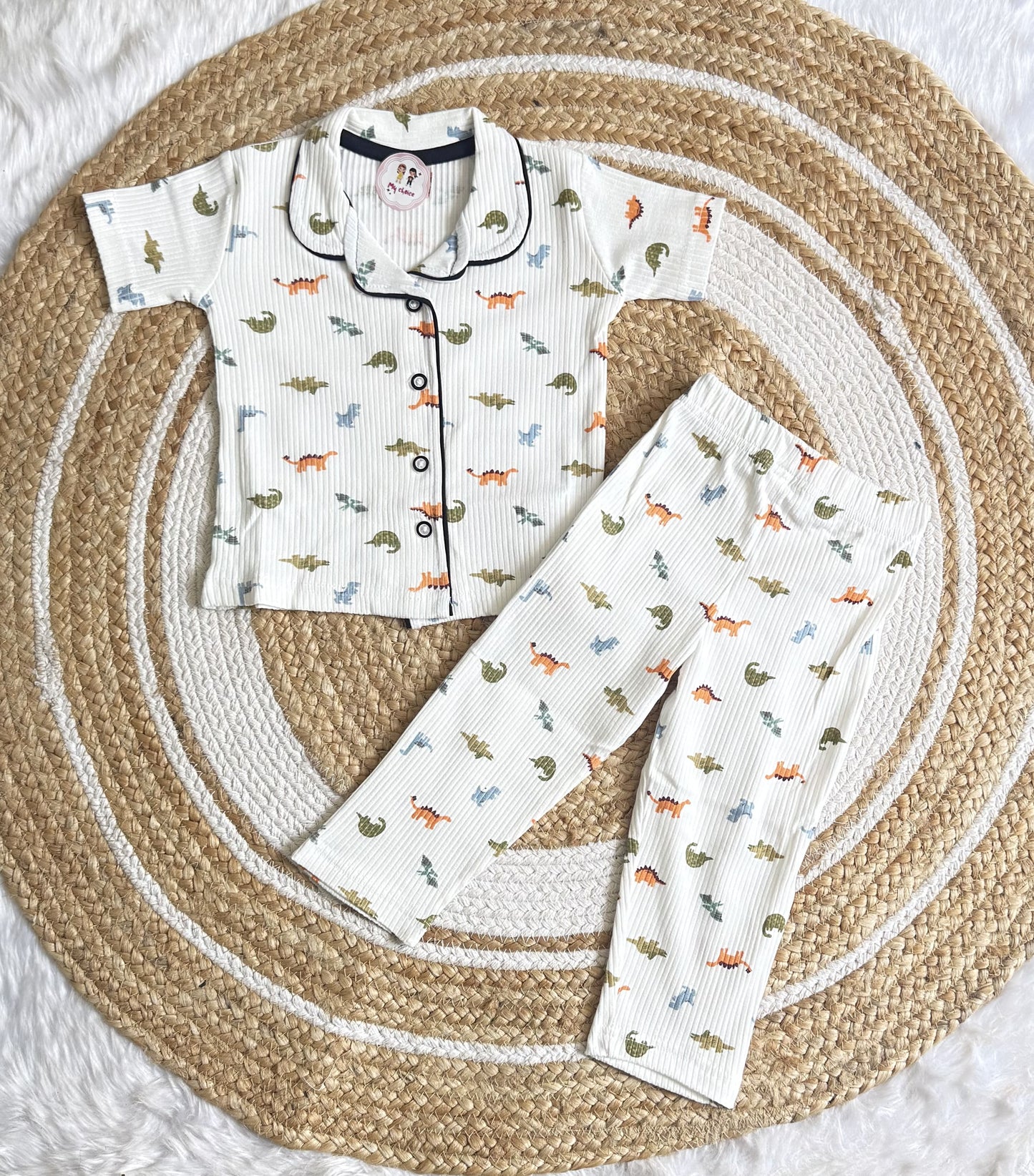 Half Sleeve Kids Night Suit - White Dinosaur