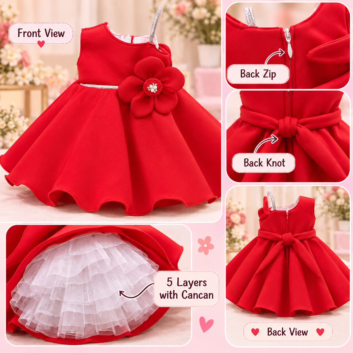 Premium Scuba Frock with Flair - Red (Baby)