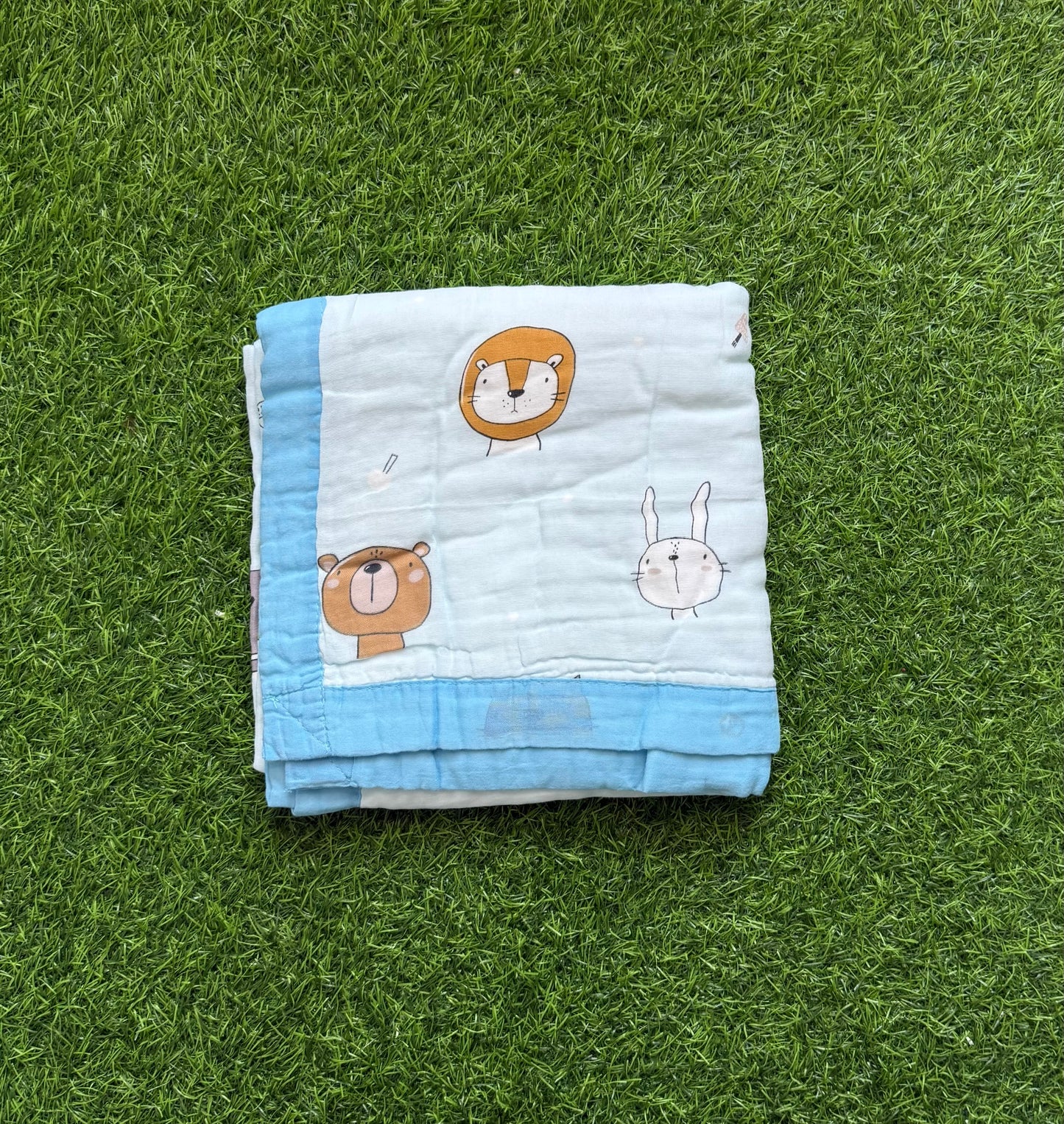 Muslin Receiving Blanket - Blue Border with Animals 110*110 cm
