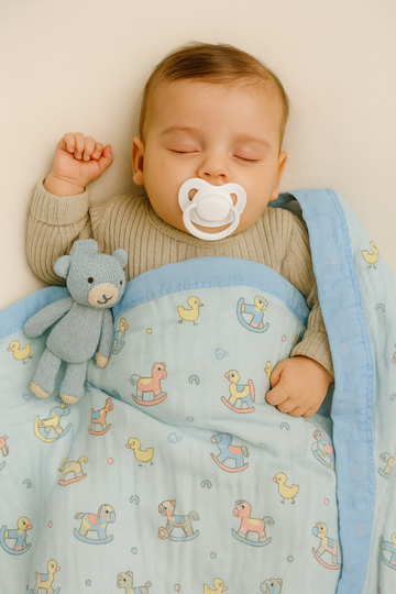 Muslin Receiving Blanket - Blue Border with Unicorn 110*110 cm