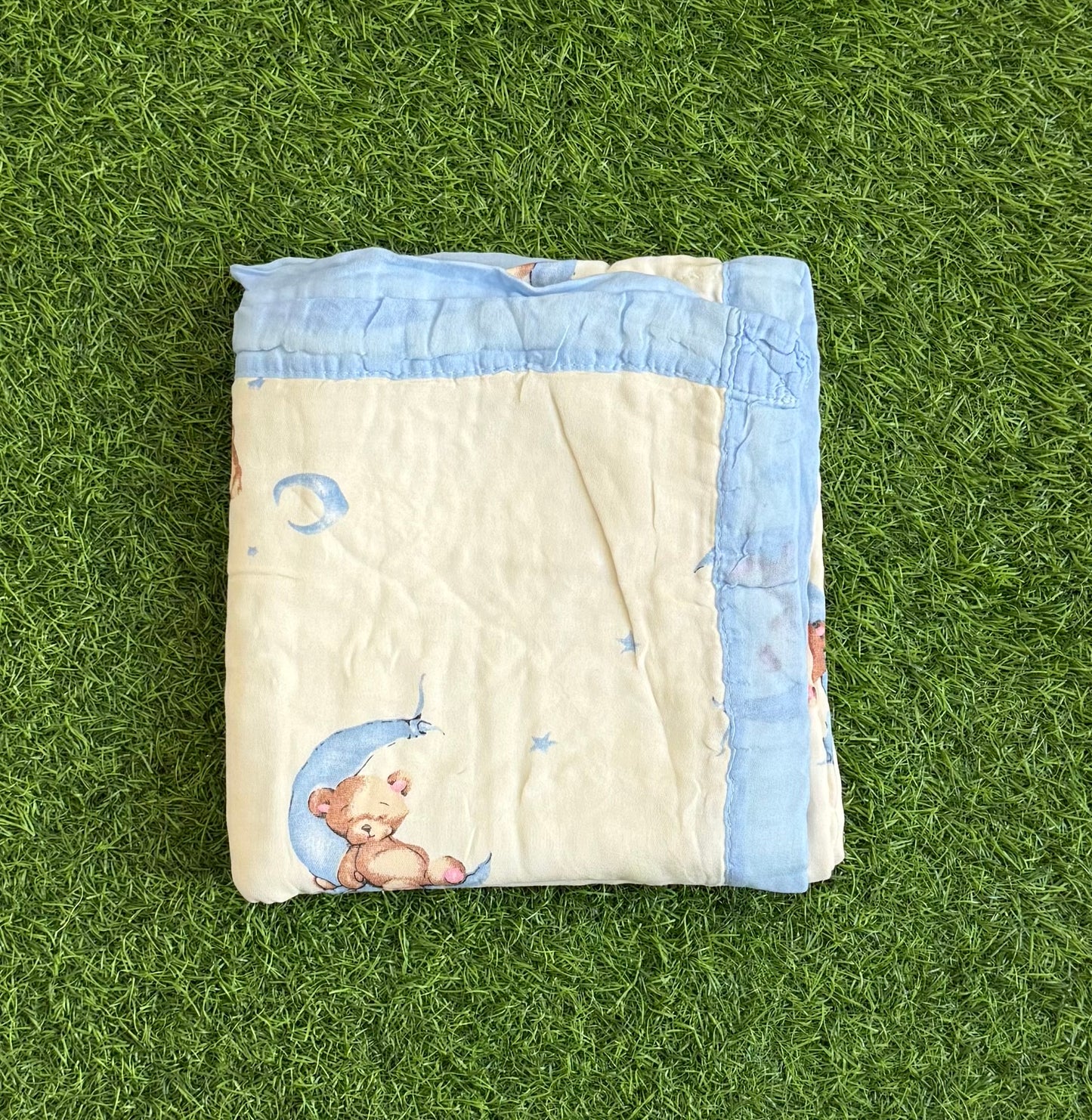 Muslin Receiving Blanket - Blue Border with Bear Sleeping 110*110 cm