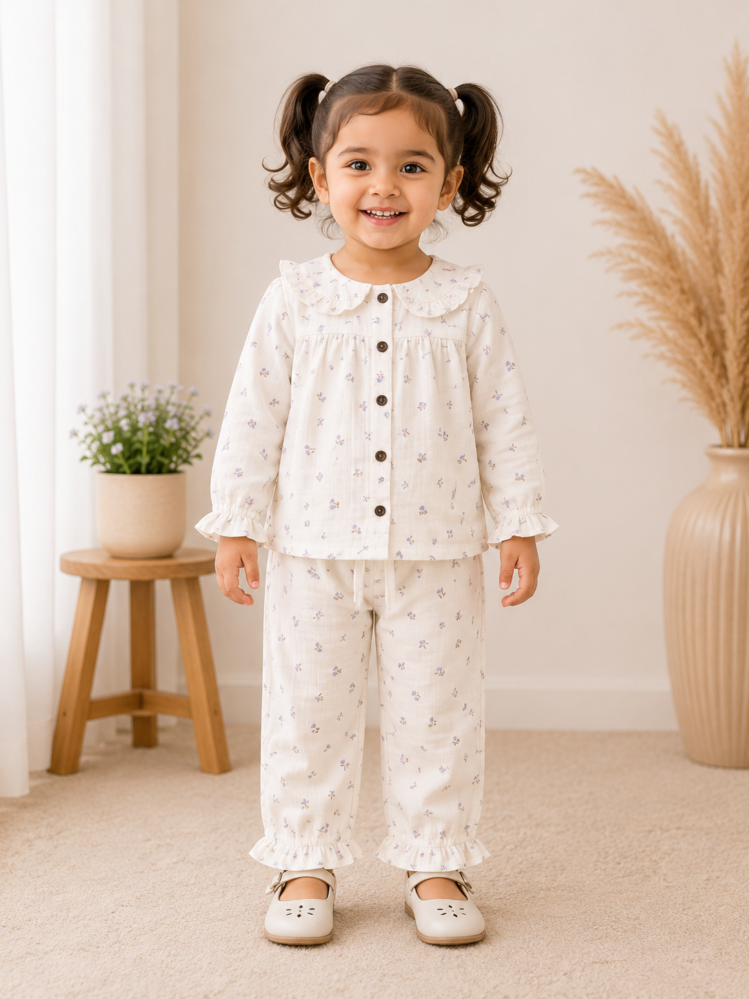 Girls Ruffle Neck Muslin Set