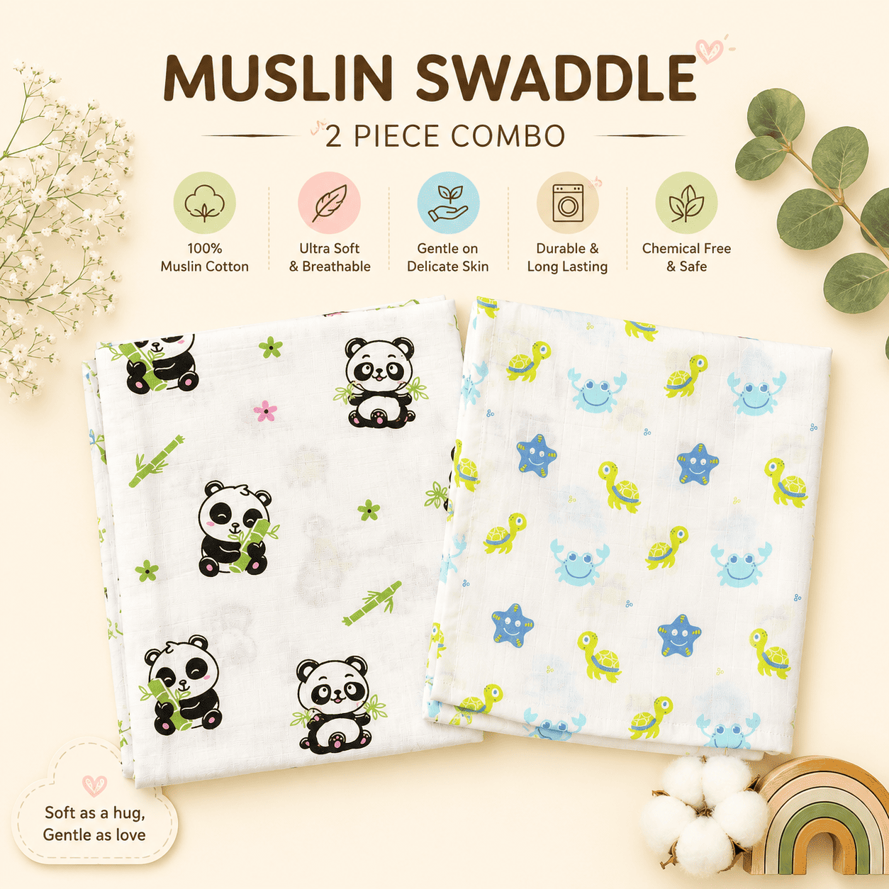 Muslin Swaddle – Combo Pack of 2 (Panda+Crab)