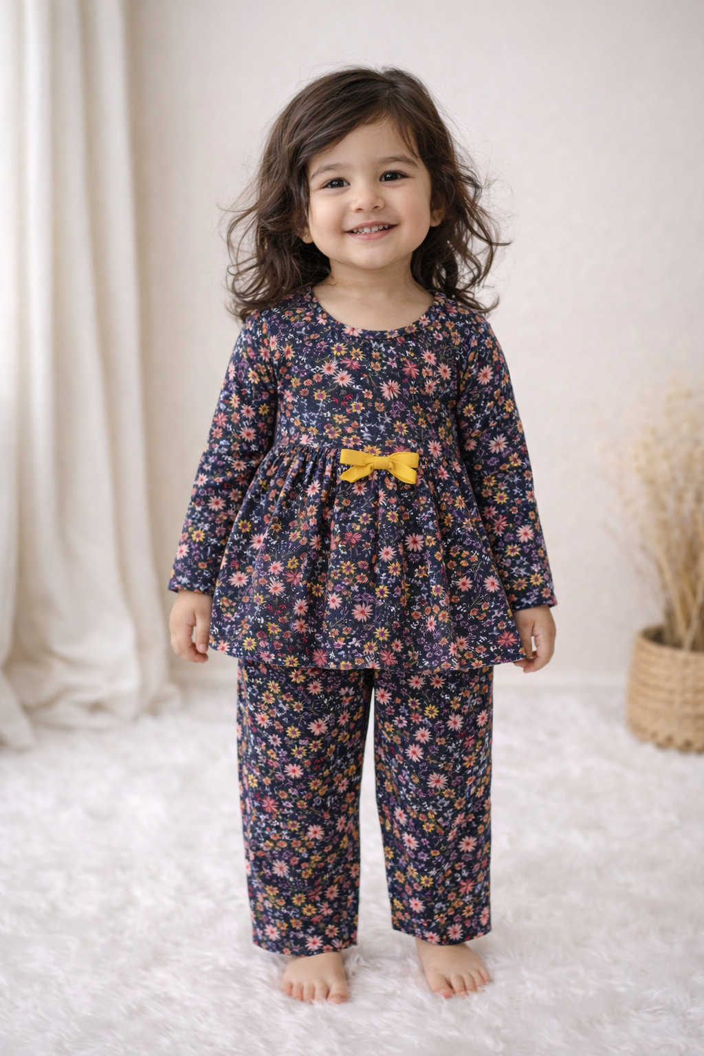 Frock with Pant Set for Kids - Dark Blue Flower