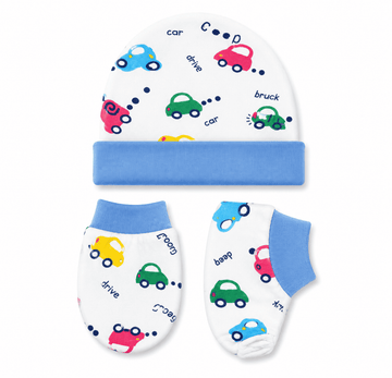 Cap, Mitten & Bootie Set - Car Print