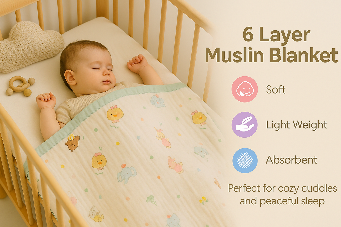 Muslin Receiving Blanket - Mint Green with baby Elephant and Duck 100*100 cm