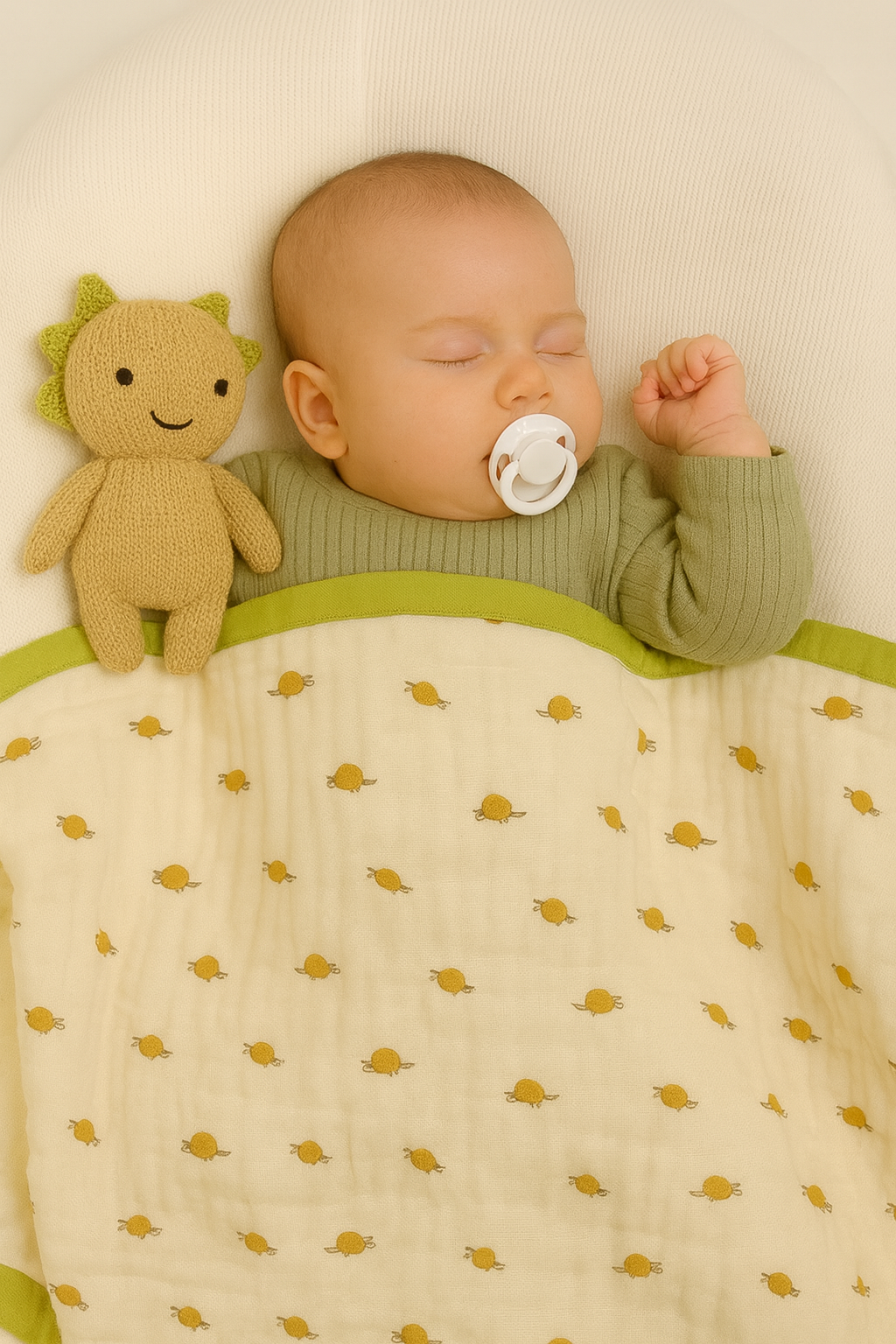 Muslin Receiving Blanket - Green Border with Lemon 110*110 cm