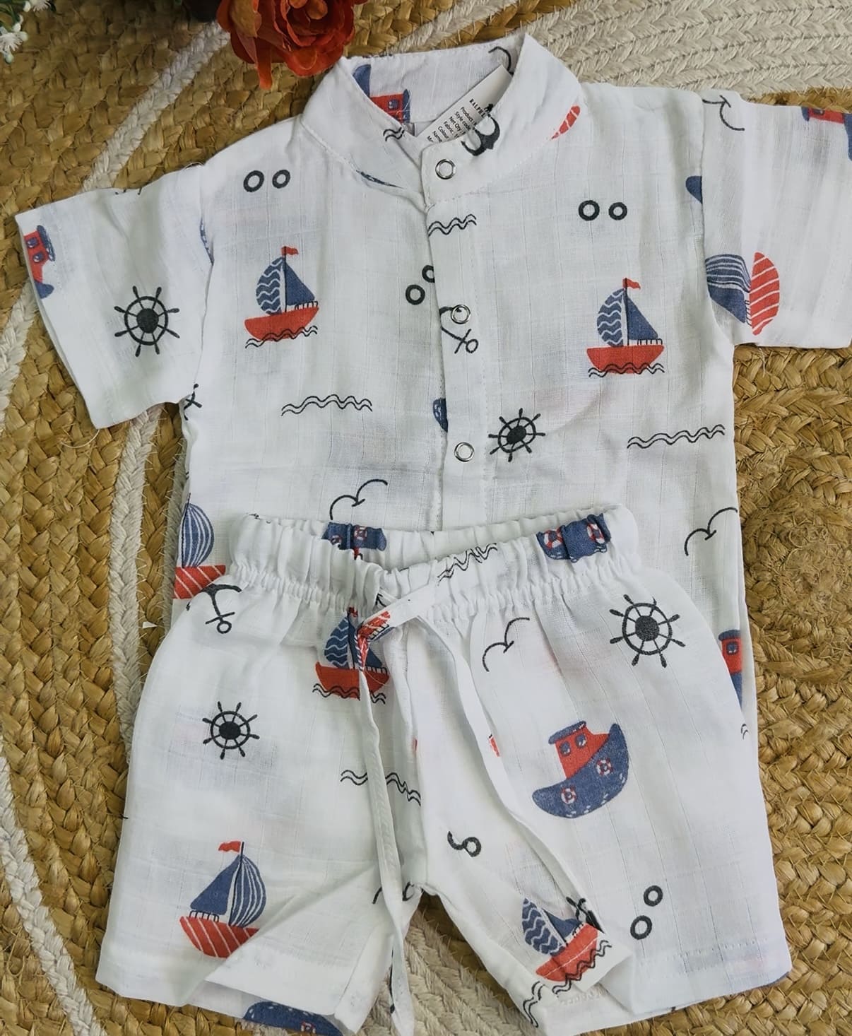 Premium Muslin Co-Ord Set - White Boat Print