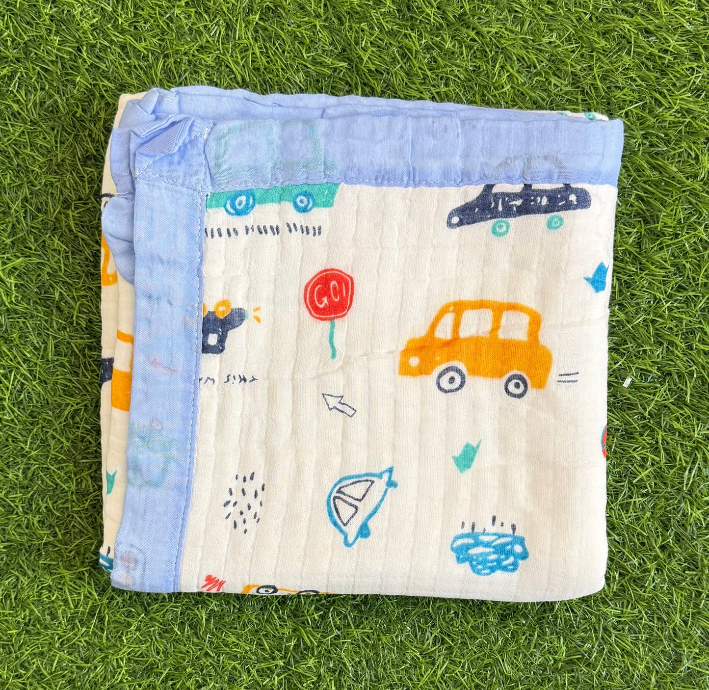 Muslin Receiving Blanket - Blue Border with Car 100*100 cm