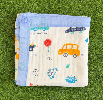 Muslin Receiving Blanket - Blue Border with Car 100*100 cm