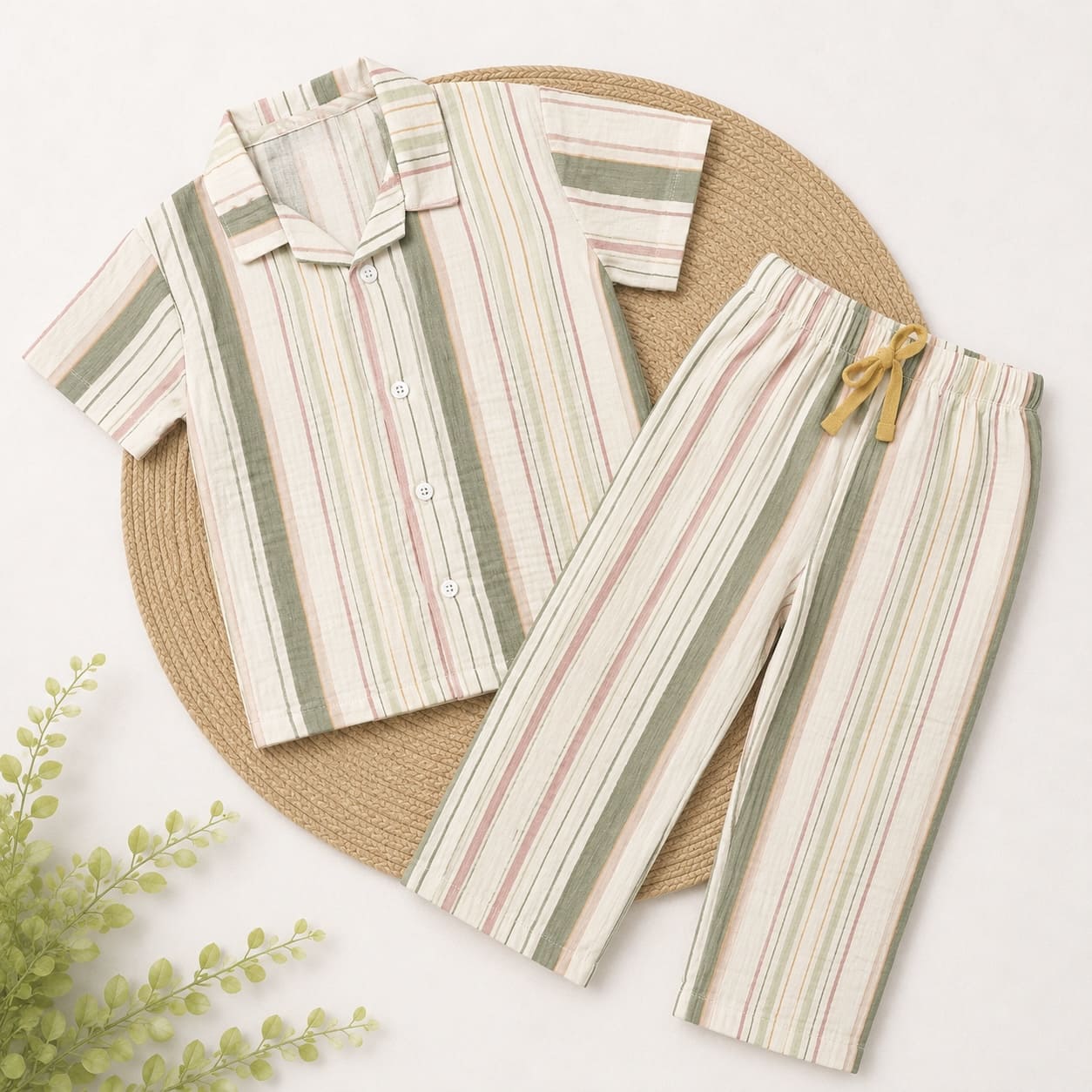 Half Sleeve Kids Night Suit Pure Cotton - Crushed Green Stripes