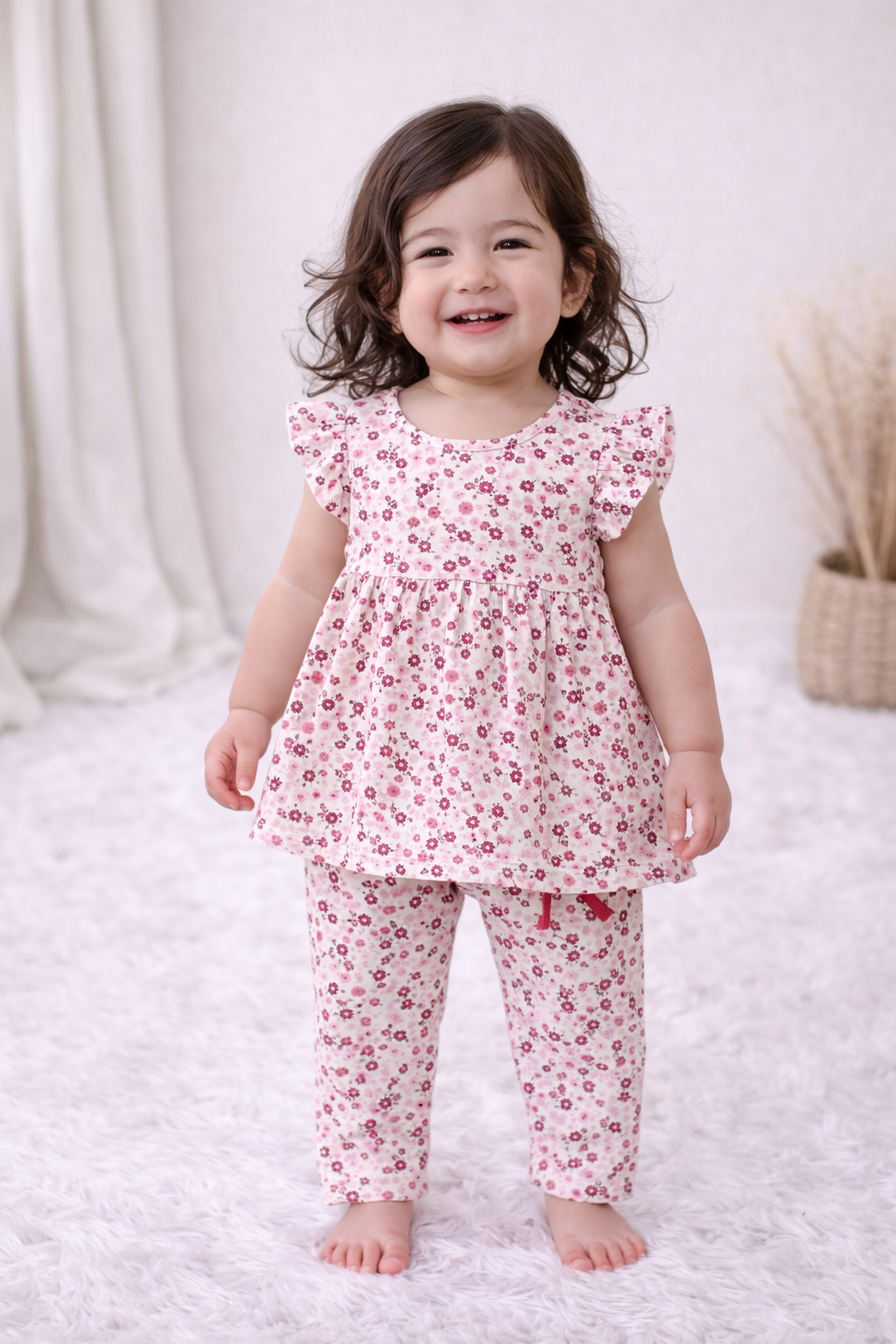 Frock with Pant Co-ord Set - Pink Small Flower