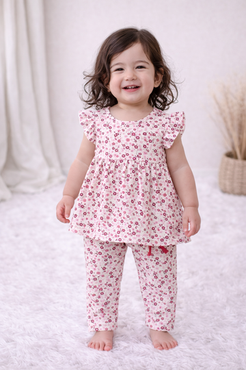 Frock with Pant Co-ord Set - Pink Small Flower