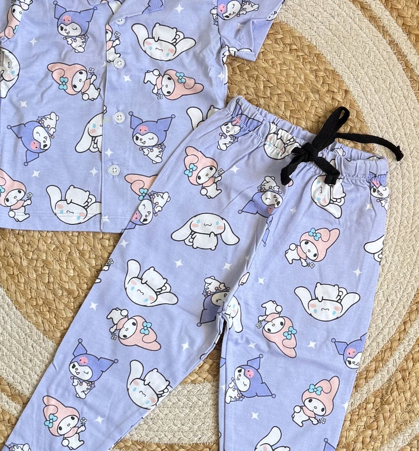 Half Sleeve Kids Night Suit - Lavender Cartoon Theme