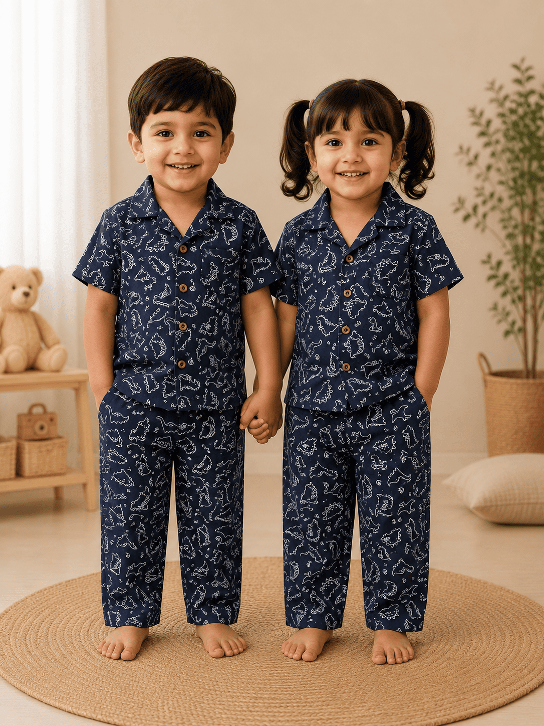 Half Sleeve Kids Night Suit Pure Cotton -  Navy Blue Dinosaur