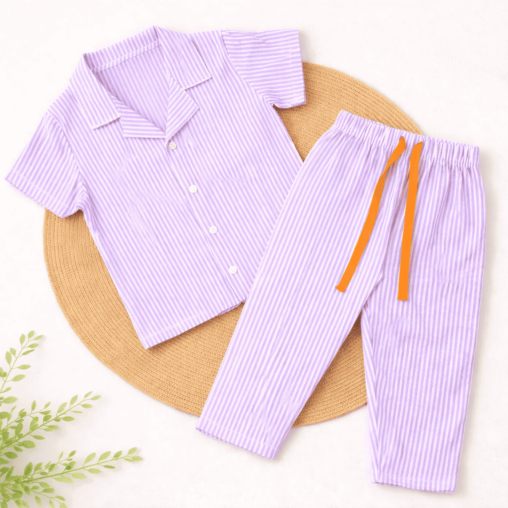 Half Sleeve Kids Night Suit Pure Cotton - Lavender Stripes