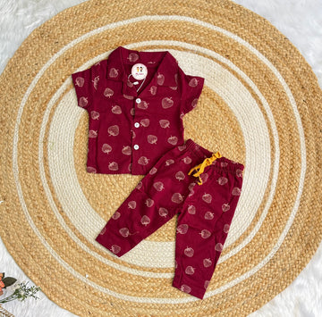 Half Sleeve Kids Night Suit - Maroon Strawberry