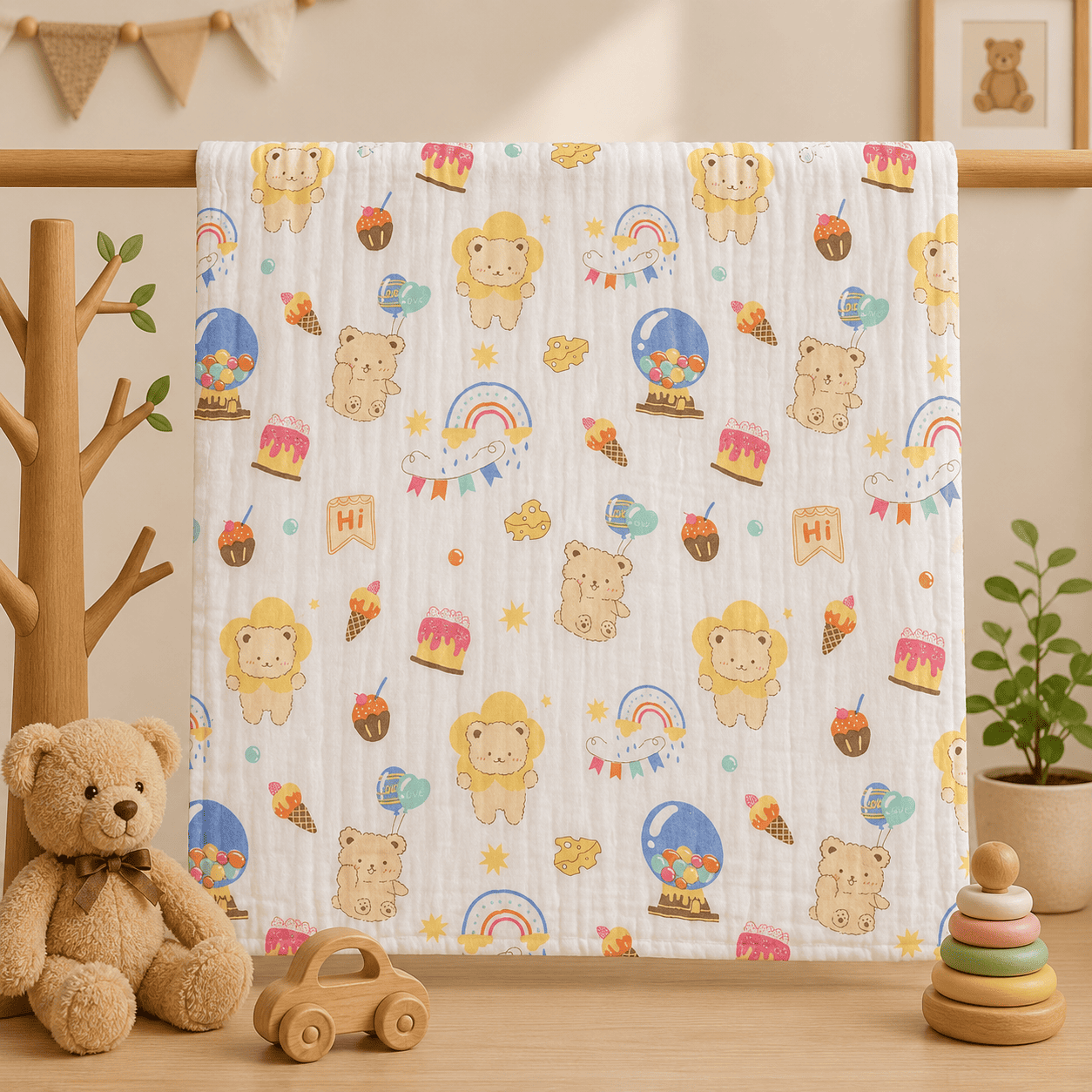Muslin 6 Layer Bath Towel- Bear Birthday Theme