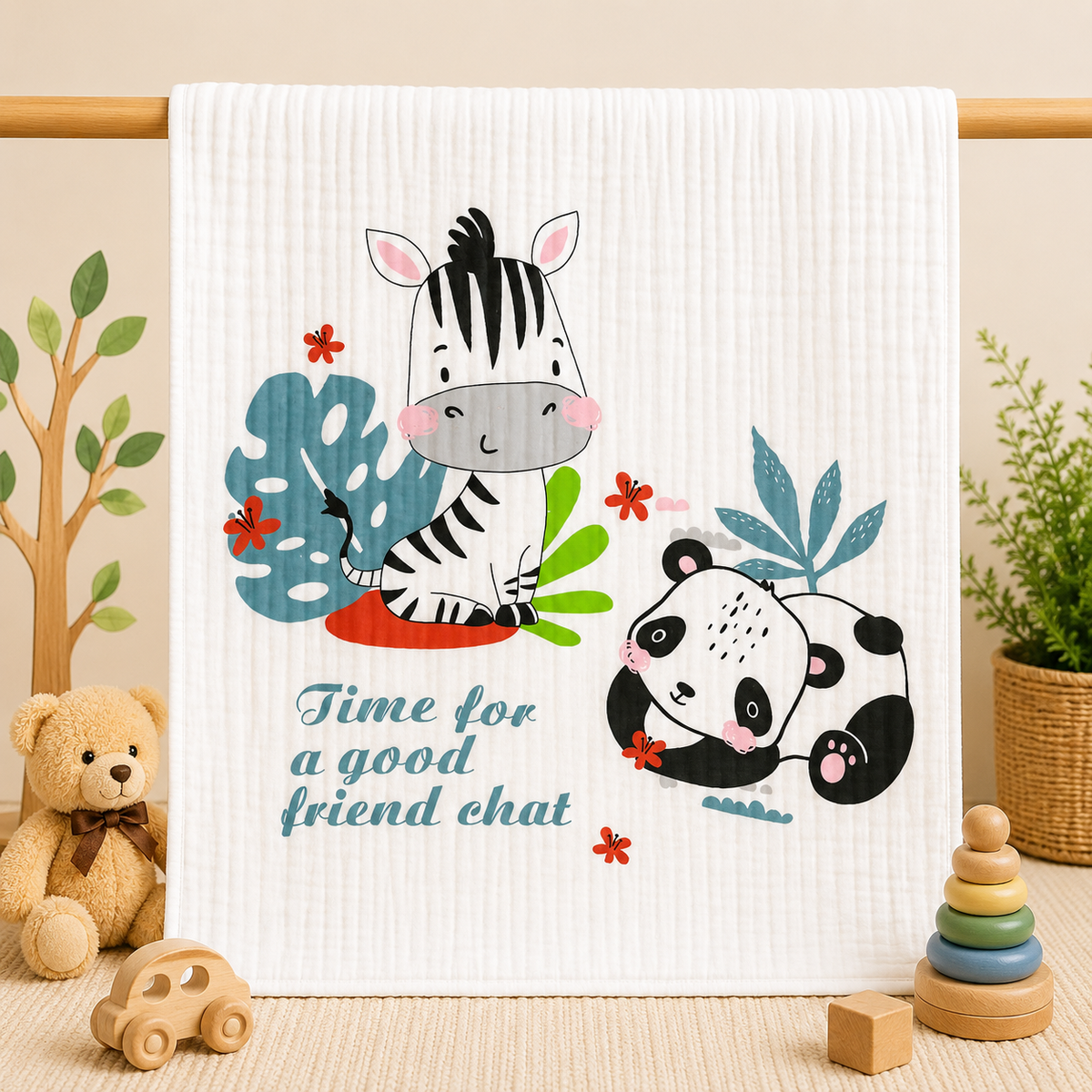Muslin Receiving Blanket - White Zebra and Panda