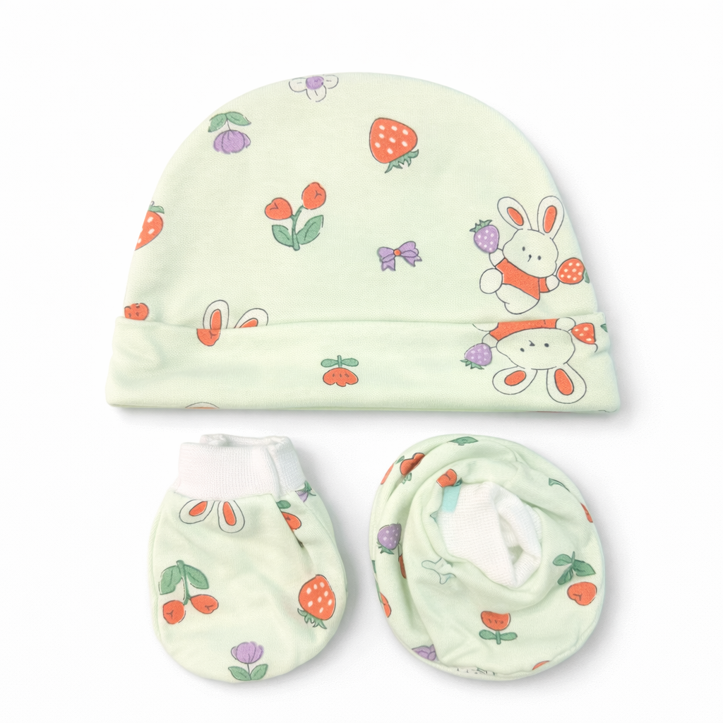 Cap, Mitten & Bootie Set - Bunny Garden Print