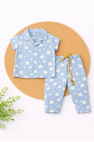 Half Sleeve Kids Night Suit - Blue Flower