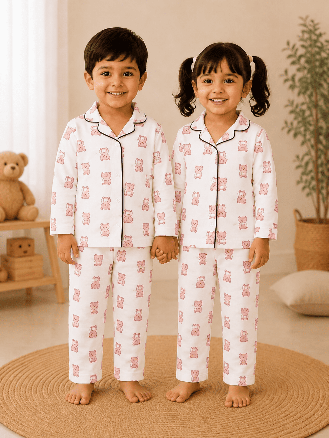 Premium Full Sleeve Night Suit - Pink Teddy Bear