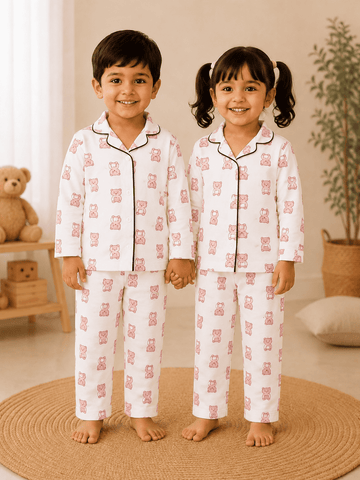 Premium Full Sleeve Night Suit - Pink Teddy Bear