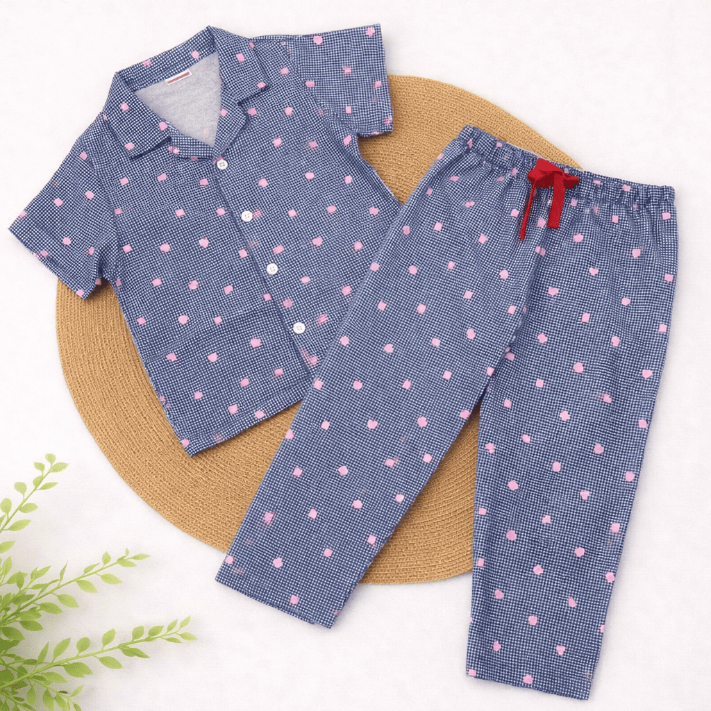 Half Sleeve Kids Night Suit - Navy Blue Pink Dot