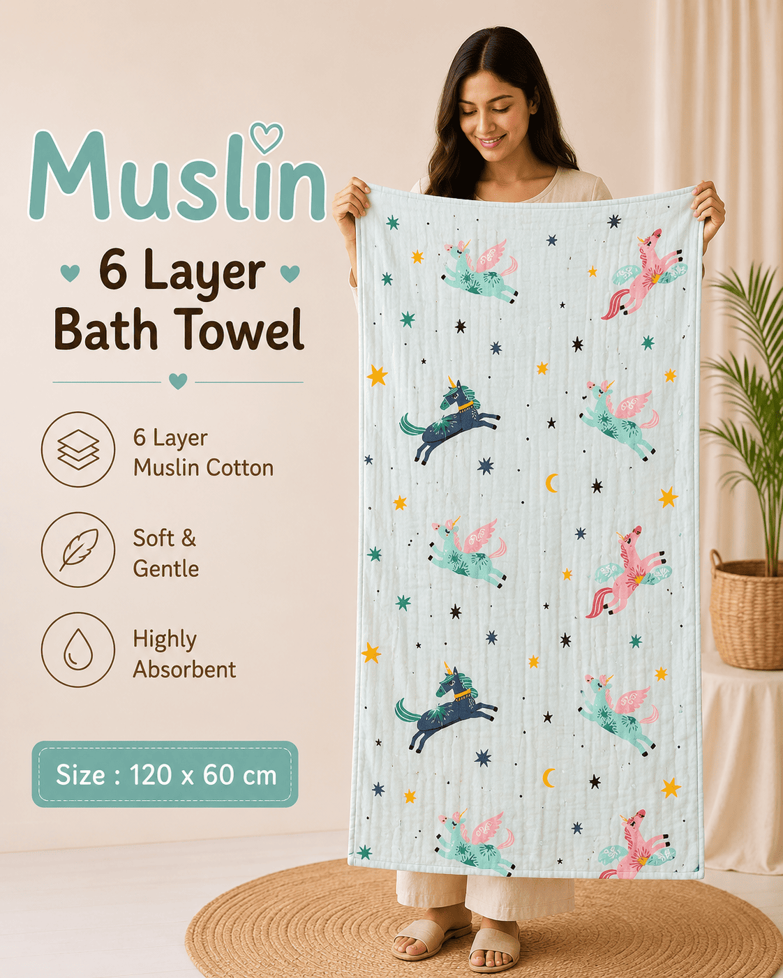 Muslin 6 Layer Bath Towel- Unicorn