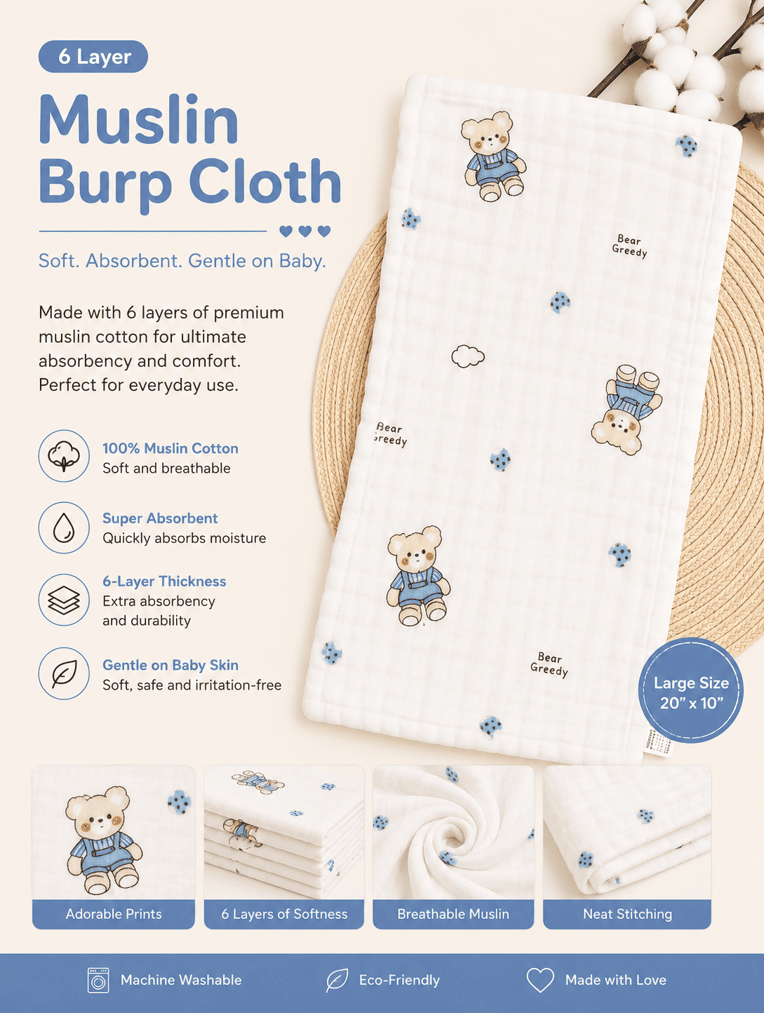 6 Layer Muslin Burp Cloth