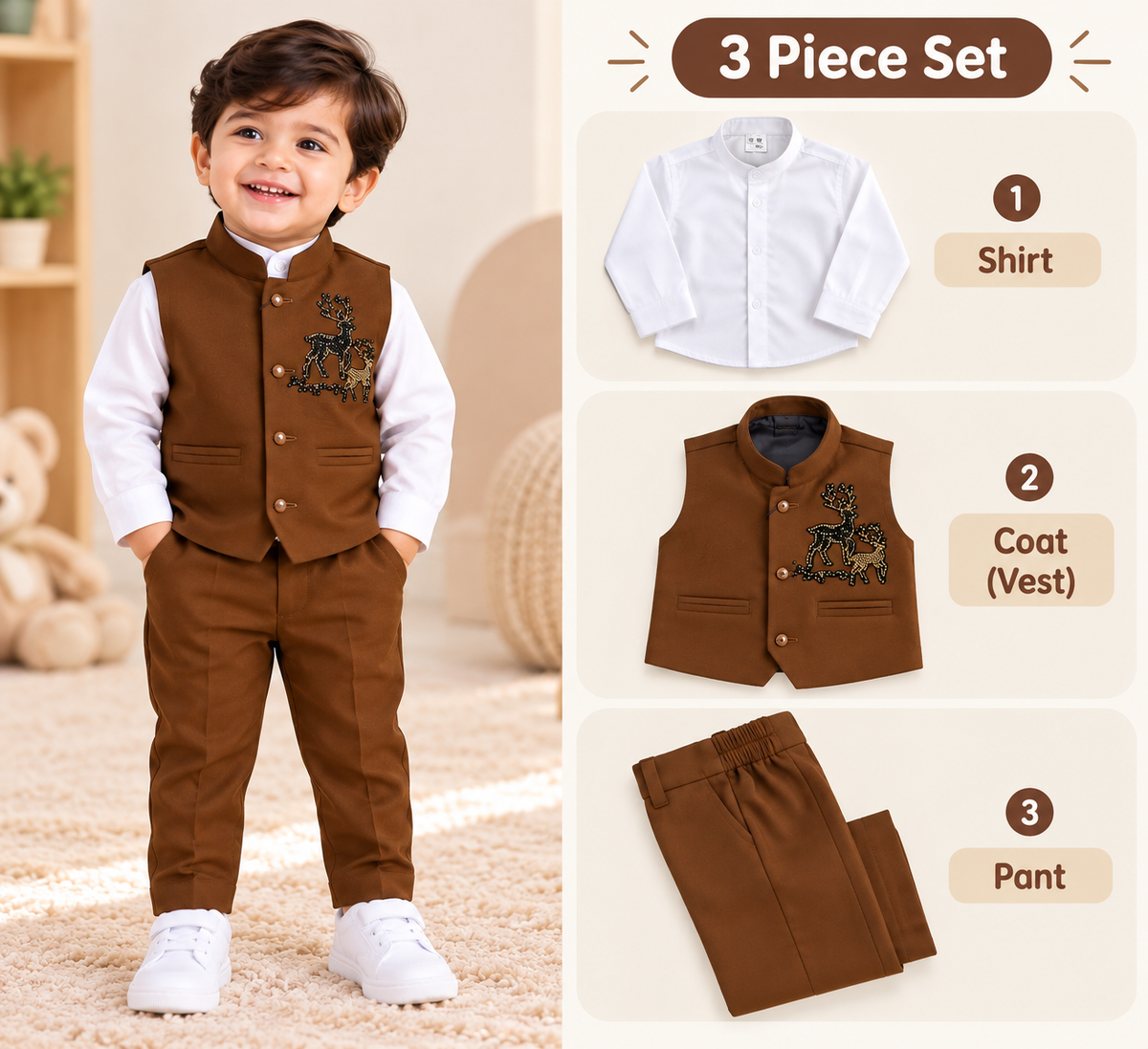 Premium 3-Piece Boys Coat Suit Set - Brown