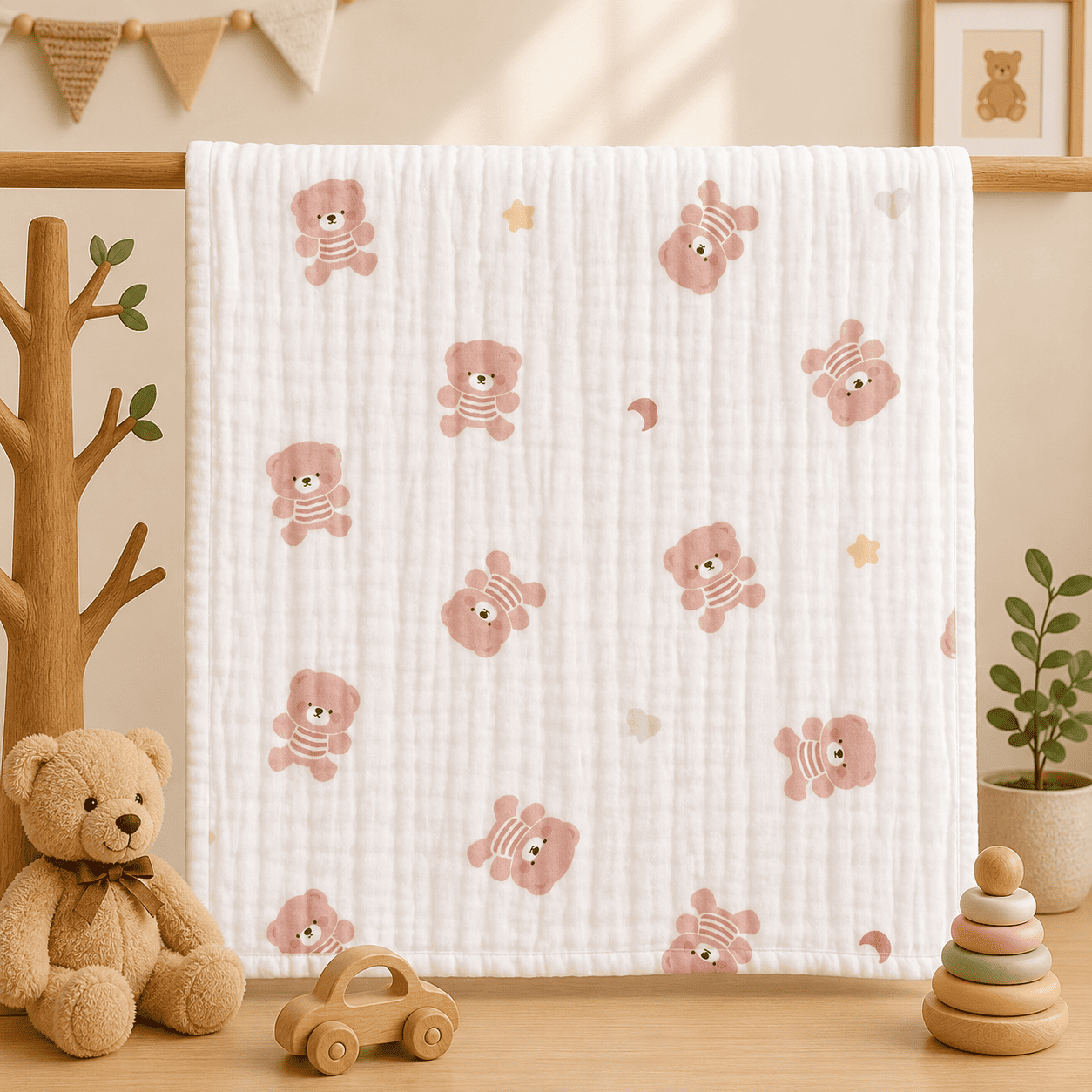 Muslin 6 Layer Bath Towel- Teddy Bear
